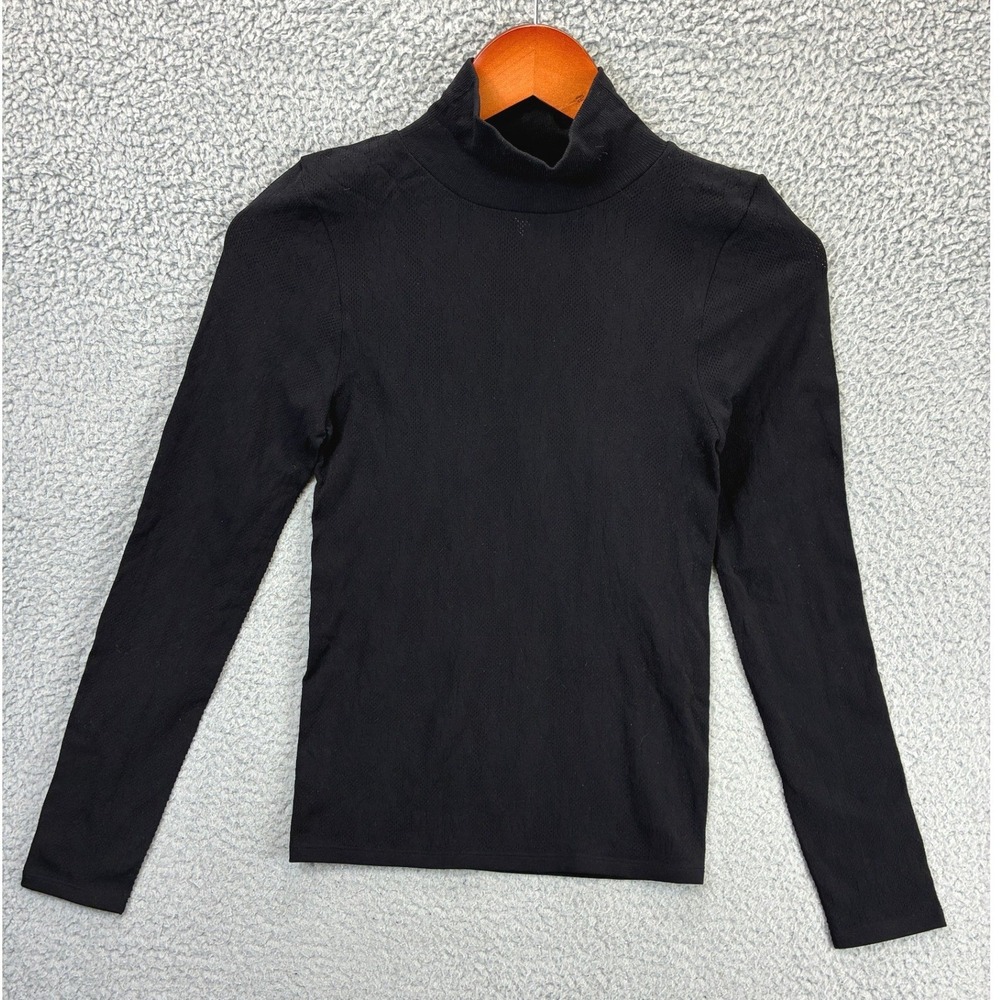 Fabletics Mock Neck Top Womens L Black Long Sleeve Ribbed Knit Athleisure Casual